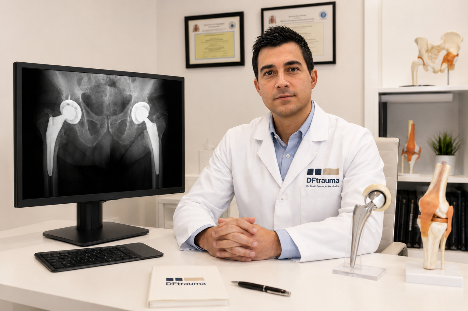 Orthopaedic second-opinion consultation reviewing hip imaging