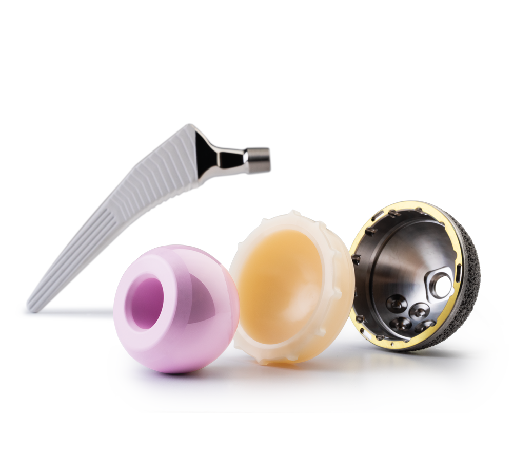 Zimmer Biomet Avenir Complete / G7 — Exploded system view including a metallic femoral head, liner and acetabular shell.